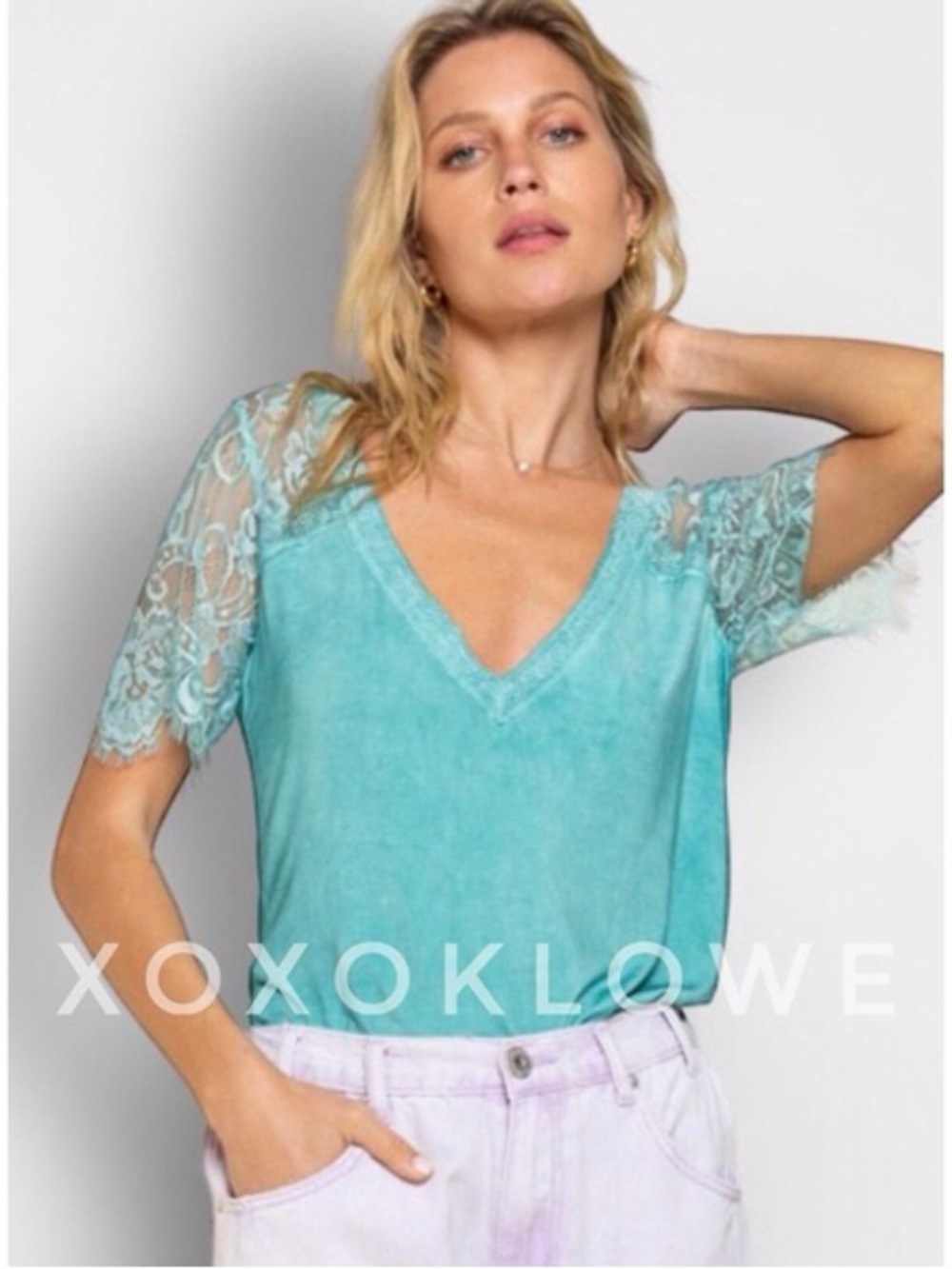 POL Sweetheart Confession Floral lace sleeve Tea Aqua Blouse women’s S
